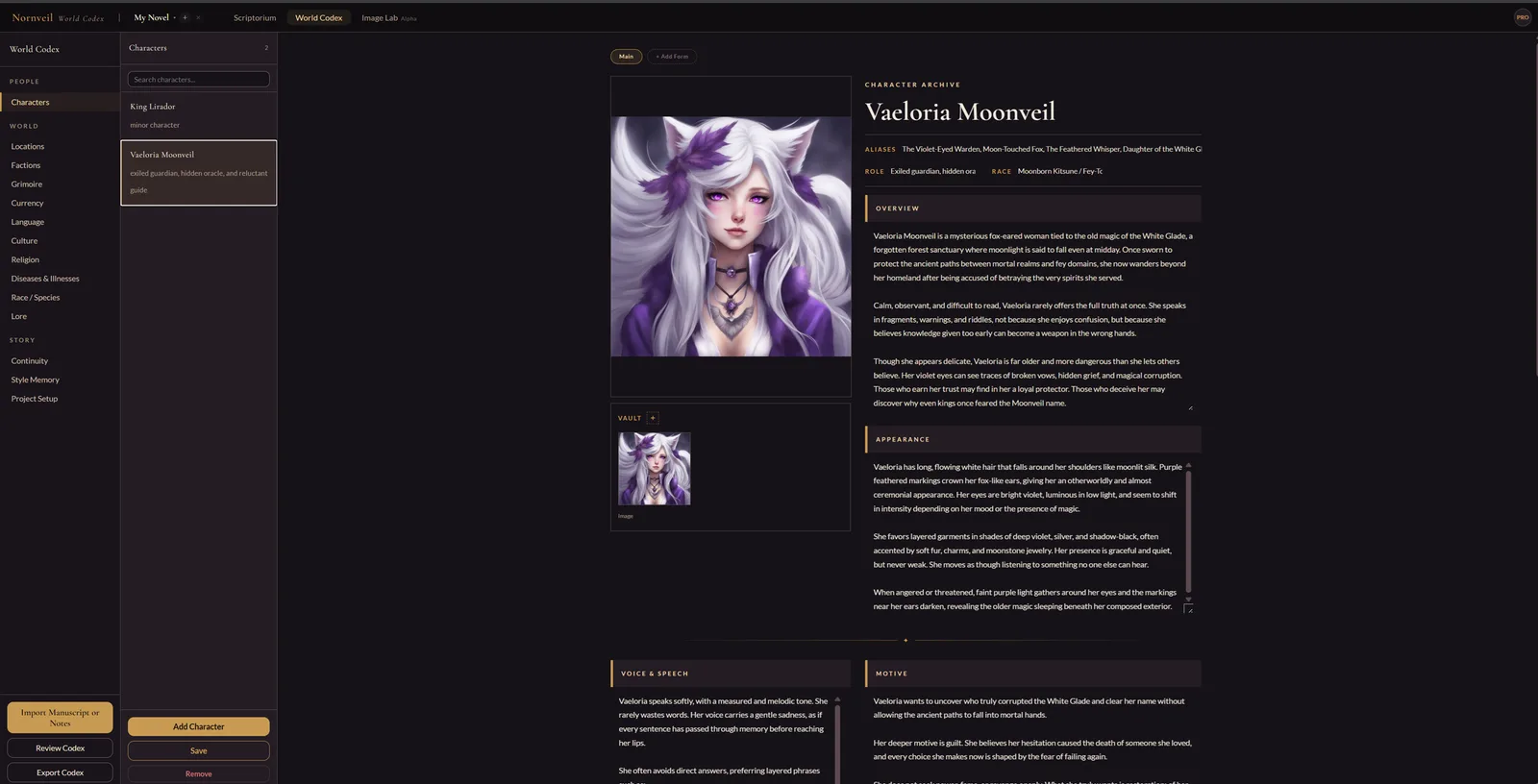 Nornveil World Codex — a character archive screen with portrait and structured lore fields