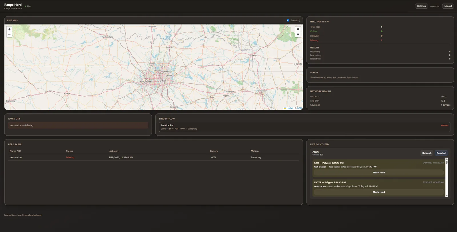 Range Herd Tech dashboard — live map of tracked herds, overview stats, alerts, and event feed